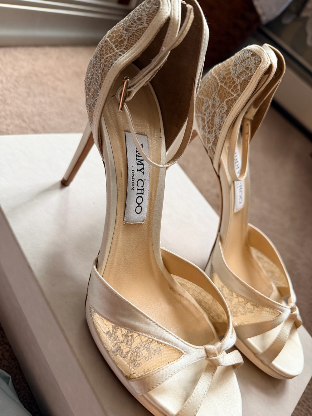 Jimmy Choo Ivory Lace Satin Peep-Toe Stiletto Heels